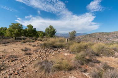 Güney İspanya 'daki dağlık araziler, ağaçlar, çalılar ve çimenler, taşlar, gökyüzünde bulutlar var.