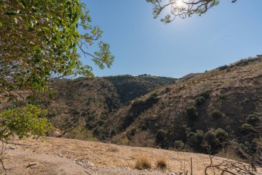 İspanya 'nın güneyindeki dağlık arazide çalılar, ağaç ve kuru otlar var. Gökyüzü açık.