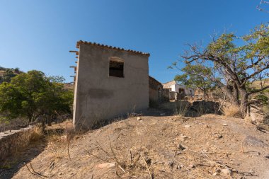 Güney İspanya 'da harabe bir çiftlik evi, birkaç penceresi ve bir kapısı var, çıkıntıda fayanslar var, ağaçlar var.