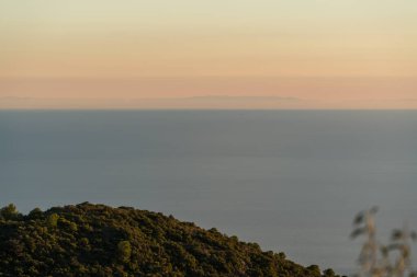 Dağda ağaçlar, çalılar var, deniz var, gökyüzü açık.