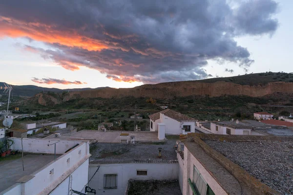 Sunset Town Ugijar Houses Windows Mountain Area Clouds Gray Orange — Stock Photo, Image