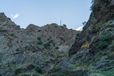 Sierra Nevada 'nın engebeli bölgeleri, ağaçlar ve çalılar, kayalar ve taşlar var, gökyüzü açık, yüksek voltaj direği var.