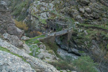 Eski bir taş köprü ve eski bir değirmenin kalıntıları, su geçitleri olan bir nehir, çalılar, ağaçlar ve yeşil çimenler, kayalar ve taşlar var.