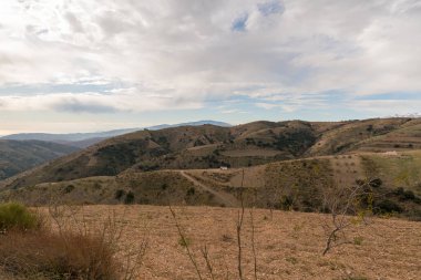 Güney İspanya 'nın dağlık arazisi, dağlarda ağaçlar, gökyüzünde bulutlar var.