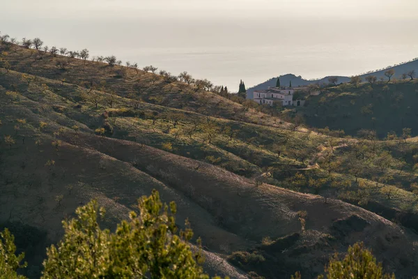 Güney İspanya 'da dağlık bir arazi, dağda ağaçlar, dağda bir çiftlik evi var.