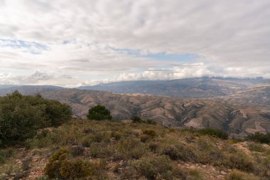Güney İspanya 'nın dağlık arazisi, dağlarda ağaçlar ve çalılar var, gökyüzünde bulutlar var.