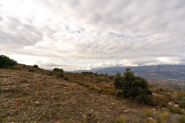 Hornatá Krajina Jižním Španělsku Tam Jsou Stromy Keře Hoře Obloha — Stock fotografie