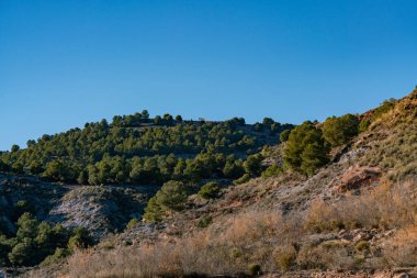 Güney İspanya 'nın dağlık arazisi. Ağaçlar ve çalılar var. Gökyüzü açık.