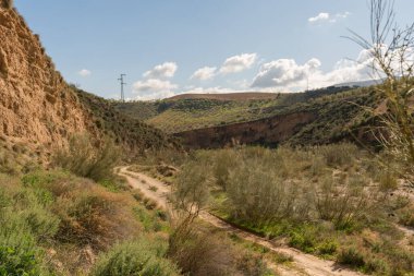 Güney İspanya 'nın dağlık arazisi, ağaçlar ve çalılar, kayalar ve taşlar var, gökyüzünde bulut var.