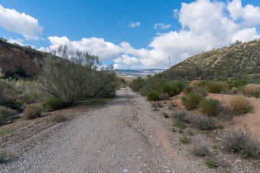 Granada 'nın güneyindeki toprak yolda, bitkiler ve ağaçlar var, taşlar ve yüksek voltaj kulesi var, gökyüzü bulutlu.