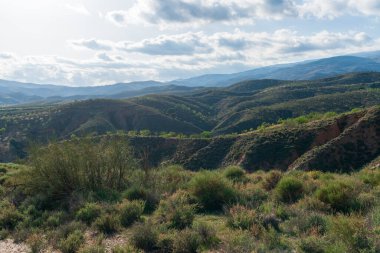Güney İspanya 'nın dağlık arazisi, birkaç badem ve zeytin ağacı ekini, vadiler, gökyüzü bulutlu.