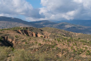 Güney İspanya 'nın dağlık arazisi, birkaç badem ve zeytin ağacı ekini, vadiler, gökyüzü bulutlu.
