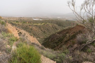 Güney İspanya 'nın dağlık arazisi, çalılar ve ağaçlar var, vadiler var, gökyüzü bulutlu.