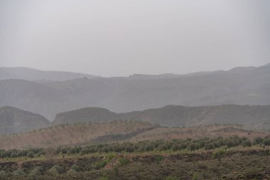 Güney İspanya 'nın dağlık arazisi, çalılar ve ağaçlar var, vadiler var, gökyüzü bulutlu.