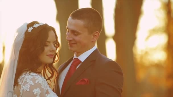 美丽的婚礼夫妇在森林微笑 — 图库视频影像