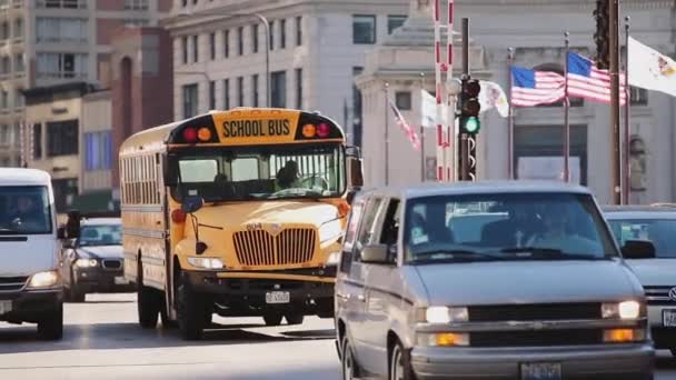Американський шкільний автобус їде до Чикаго. Потік автомобілів в місті. — стокове відео