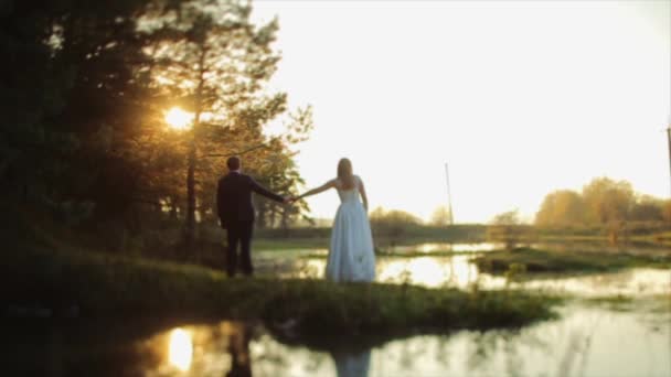 Bruden och brudgummen i skogen nära floden — Stockvideo