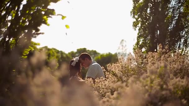 Gyönyörű lány állt a kertben, egy napsütéses napon a szeretteivel — Stock videók
