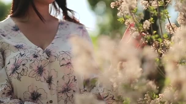 Vacker flicka står i trädgården på en solig dag och inslag av blommor — Stockvideo