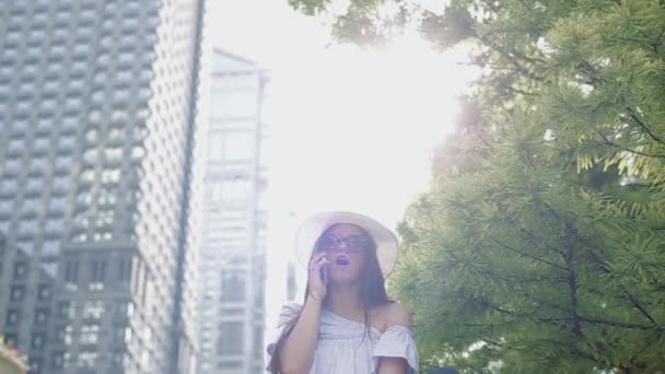 Giovane donna con cappello parlare al telefono seduto nel centro della città in Park on Stone Railing . — Video Stock