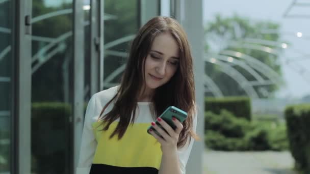 La chica con el pelo castaño hablando por teléfono y sonriendo . — Vídeo de stock