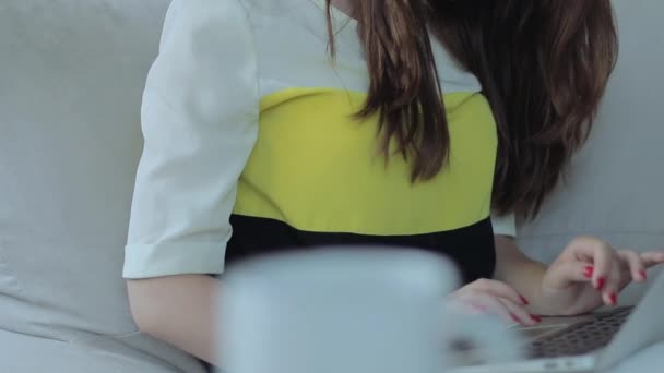 Giovane ragazza sorridente lavorando su un computer portatile, e gira intorno . — Video Stock