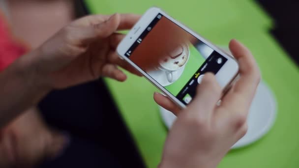 Girl Holding Coffee and Phone — Stock Video