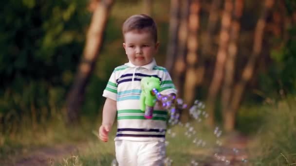 Pequeno menino bonito soprando bolhas na floresta — Vídeo de Stock