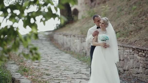 Novio y novia se besa en el fondo puesta de sol en el bosque — Vídeo de stock