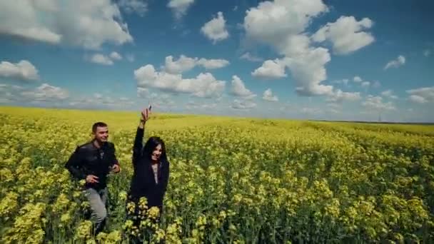 Verliefde paar loopt over het veld — Stockvideo