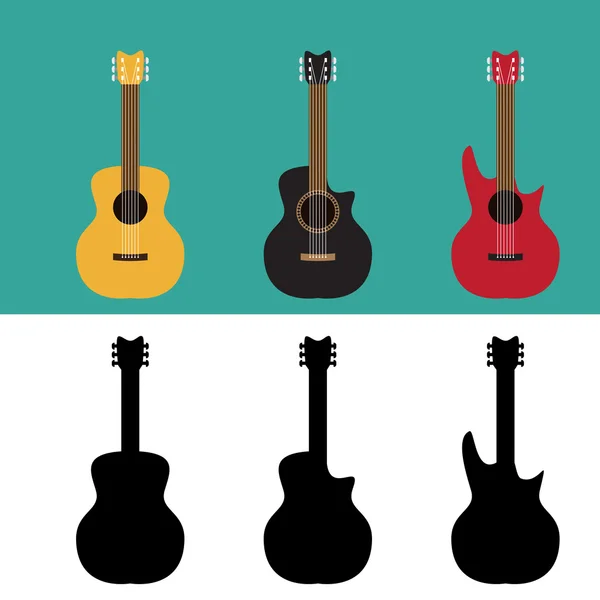 Set de guitarra en estilo plano y silueta — Vector de stock