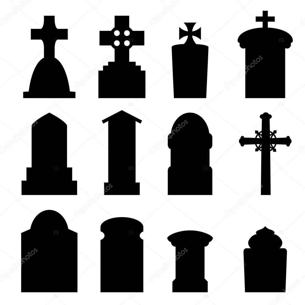 Set of headstone, headstone and tombstone silhouette in europe style. vector illustration.