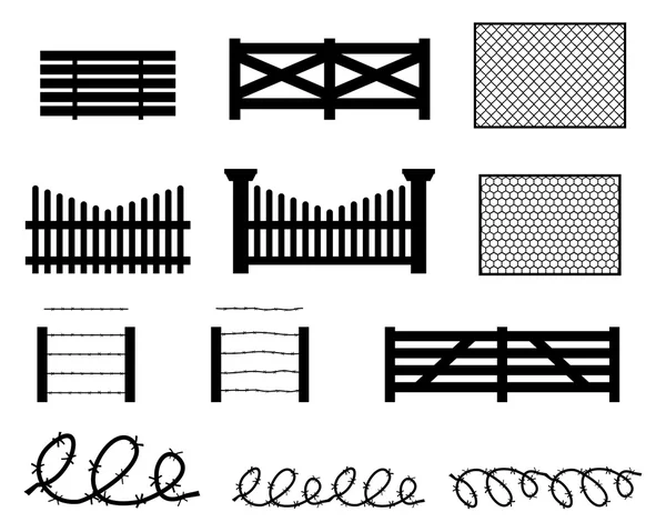 Set of rural fences in silhouette style — Stock Vector