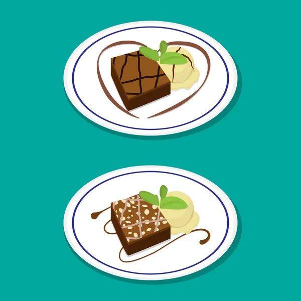 Fudge Brownie en el plato con helado, vector — Archivo Imágenes Vectoriales