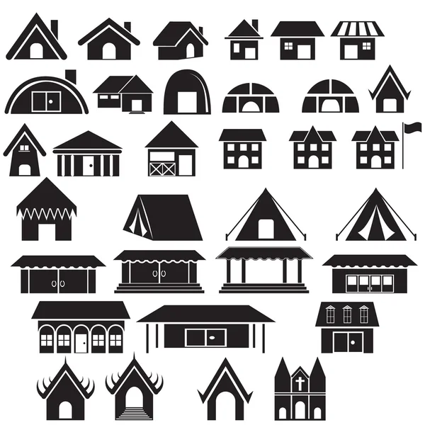 Conjunto de casa, acampamento, templo e outro ícone de edifício —  Vetores de Stock
