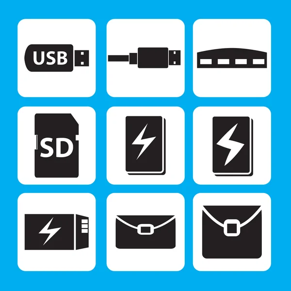 USB флеш-накопичувач, USB-кабель, концентратор, флешку пам'яті, блок живлення, значок батареї — стоковий вектор