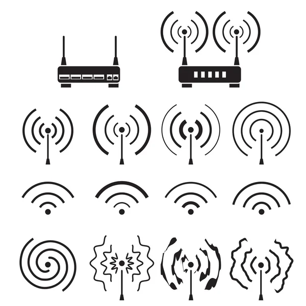 Kolekcja wifi i fali sygnału sieci bezprzewodowej i jakiegoś routera wektor — Wektor stockowy