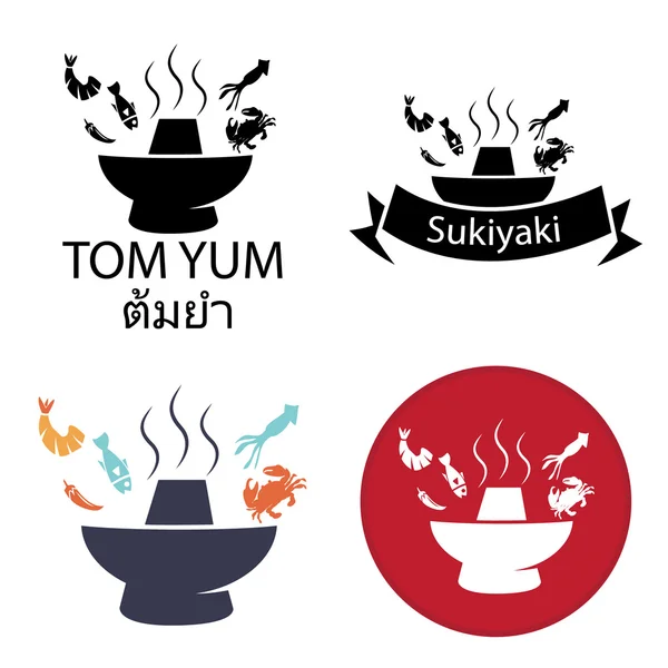 Tom Yum, Sukiyaki, ostry gorący garnek, logo i ikony — Wektor stockowy