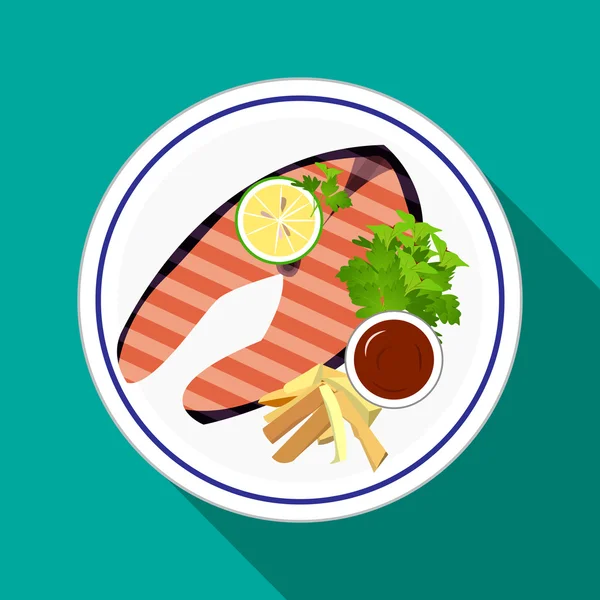 Filete de salmón a la parrilla con papas fritas — Vector de stock