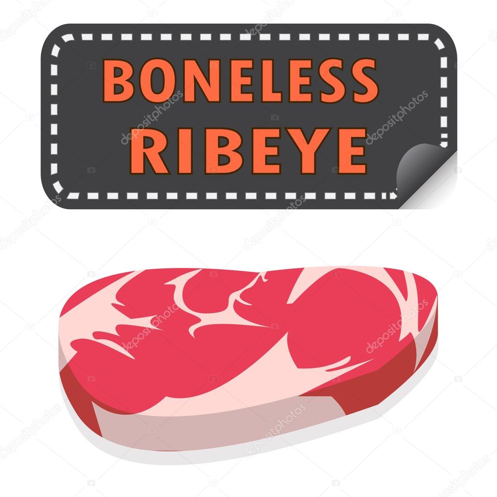 Unwrapped Fresh Boneless Ribeye steak with fat and sticker banne