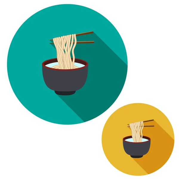 Conjunto de fideos en cuenco de sopa se sostienen con palillos en i plana — Vector de stock