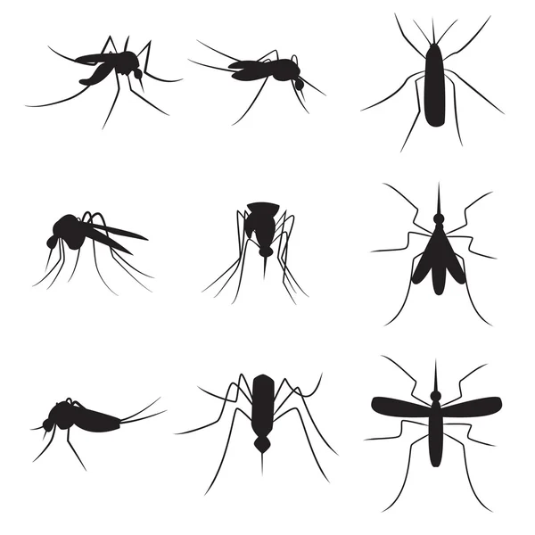 Conjunto de mosquitos portadores de silueta negra aislados en bac blanco — Vector de stock