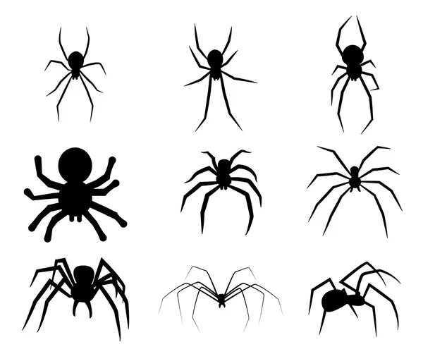Beyaz arka plan üzerinde izole siyah siluet örümcek simge kümesi — Stok Vektör