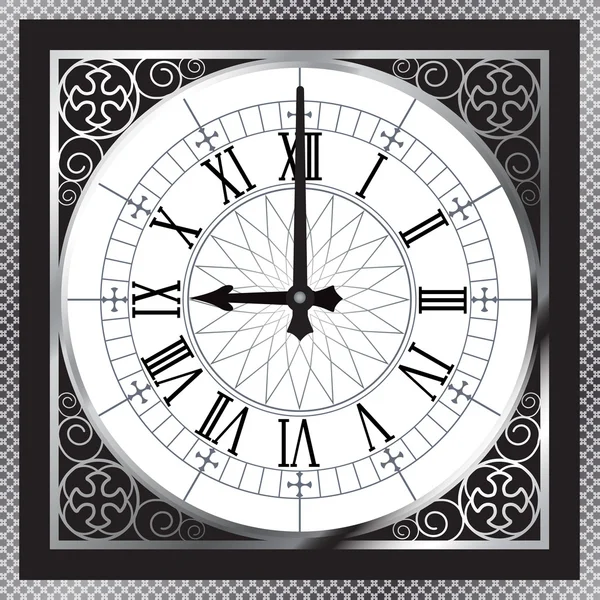 Luxury white gold metal clock with Roman numerals and pattern bo — Stock Vector