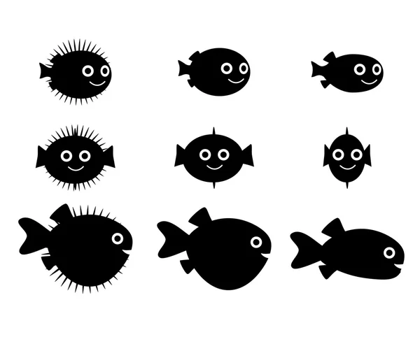 Set of pufferfish, blowfish and globefish silhouette — Stock Vector