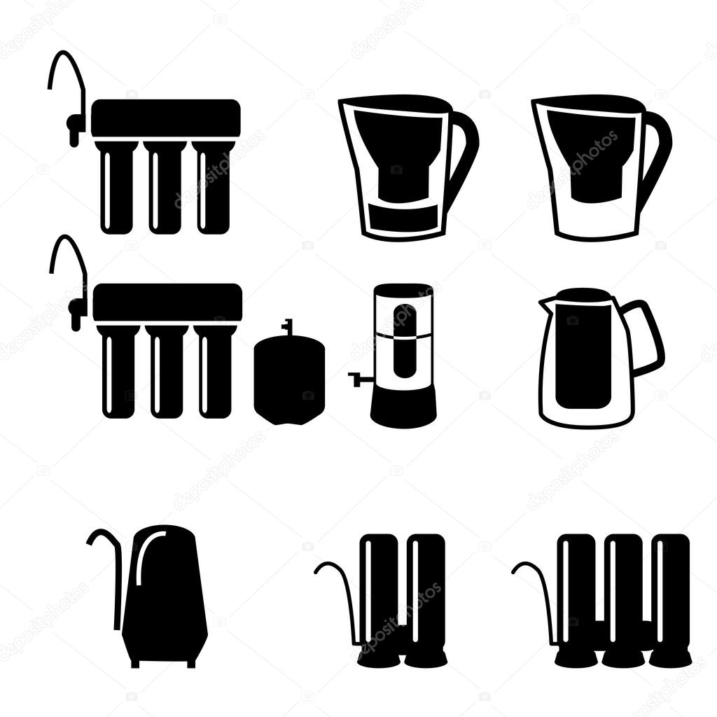 Set of water filter in black silhouette icon