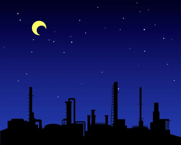 Silueta de la industria de refinería de petróleo por la noche — Vector de stock