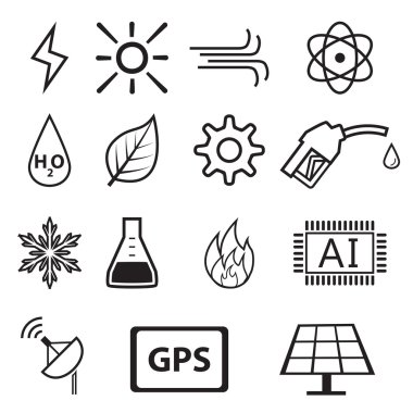 Güç ve enerji sisteminin doğrusal Icons Set