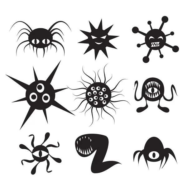 Set di virus icona piatta con emozione. Batteri e cellule tumorali — Vettoriale Stock