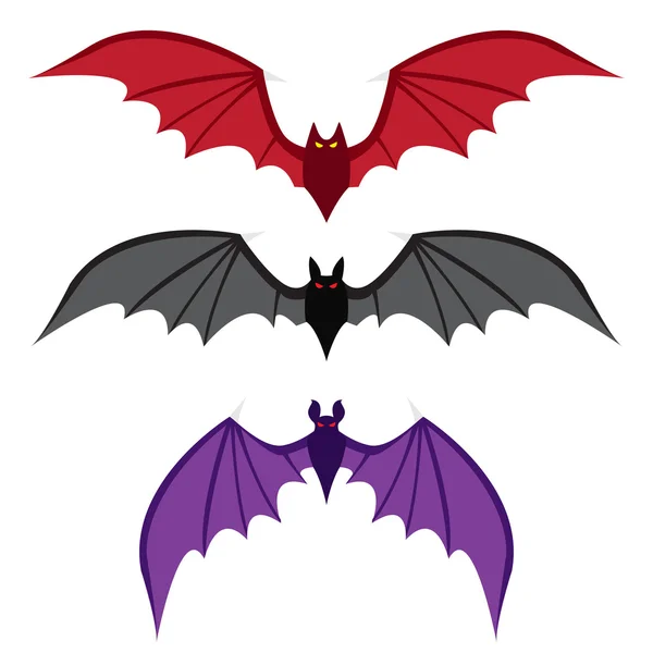 Ensemble de chauve-souris avec de grandes ailes de couleur dans un style plat — Image vectorielle